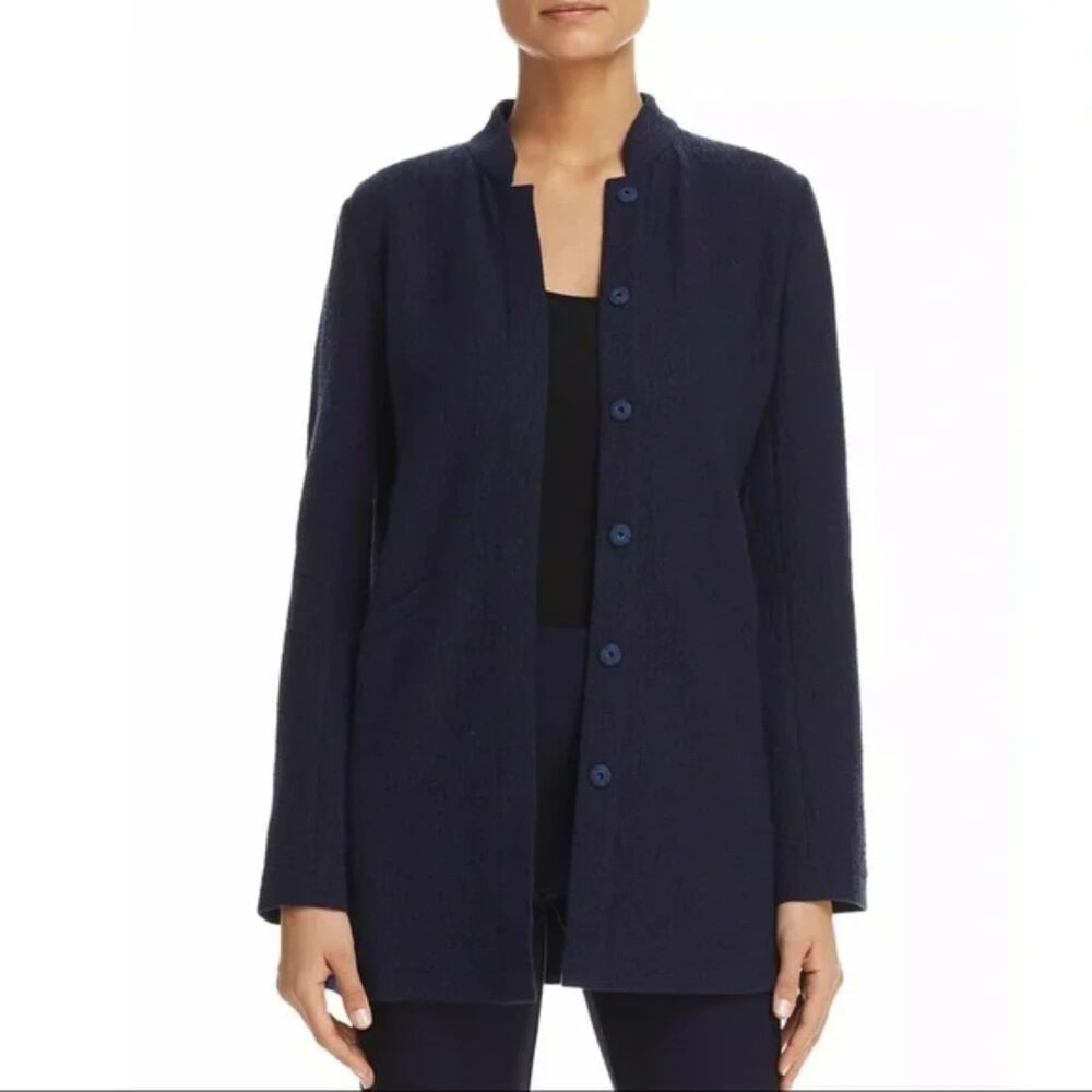 Eileen Fisher Organic Cotton Blend Pucker Longline Band Collar Jacket - Navy PM
